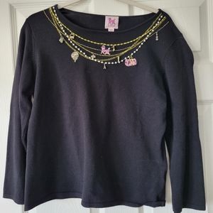 Pink Poodle pullover sweater  black embroidered 3/4 sleeve charms beads